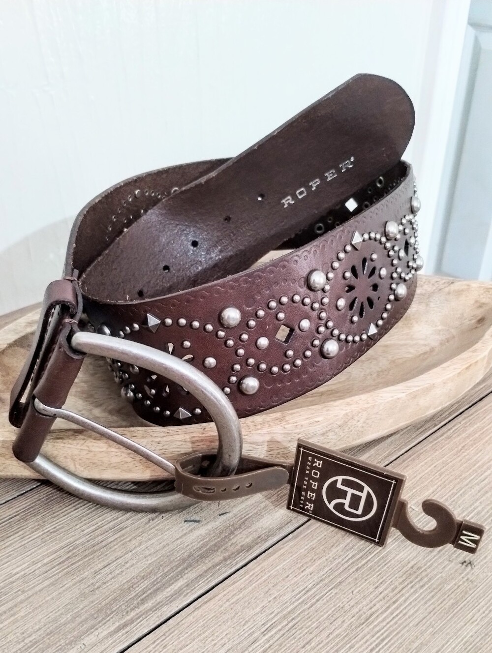 Roper Embellished Western  Studded Brown Wide Genuine Leather Belt